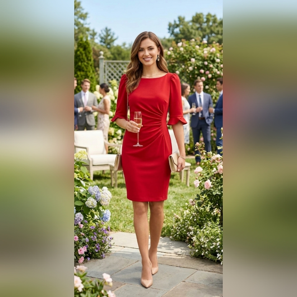 NWT DKNY Red Side-Ruched Flutter Sleeve Sheath Dress Size 14 ❤️✨